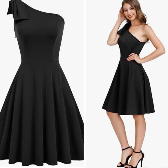 Jasambac Black One Shoulder Bow Detail A-Line Cocktail Dress Size 2X - Picture 1 of 12